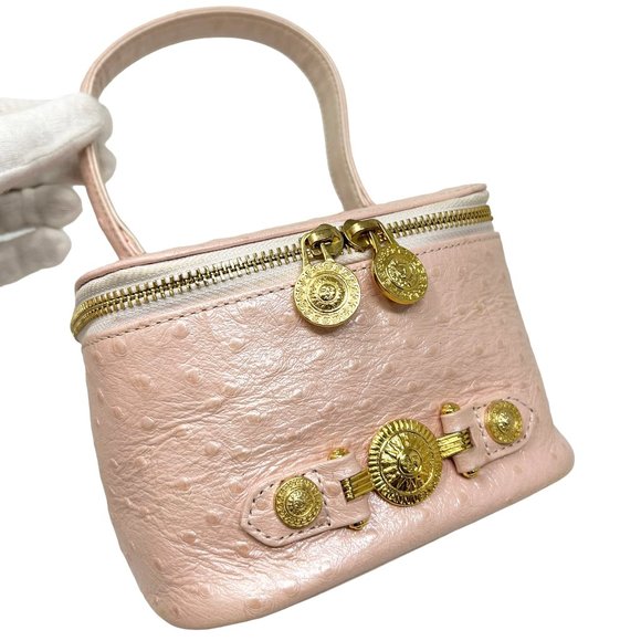 GIANNI VERSACE Vintage Logo Sun Vanity Bag Leather Pink Gold Zip Mirror [101776] - Picture 8 of 12